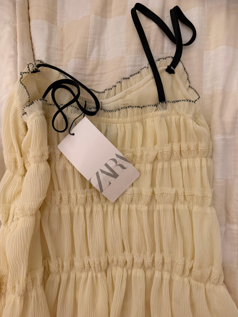 ZARA yellow/Cream babydoll Strap Dress with Black Trim